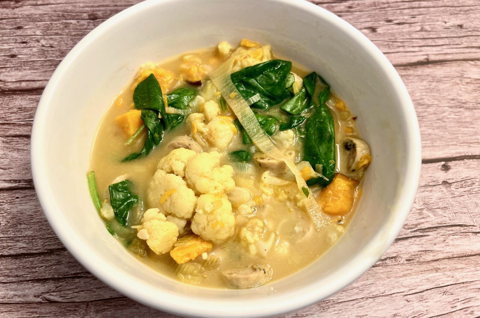 Sweet Potato Cauliflower Spinach Coconut Milk Soup